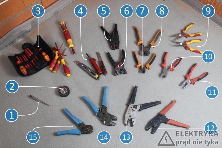 Wskaż na rysunku narzędzia pracy elektryka, nazwij je w języku obcym (np. angielskim) i w dwóch zdaniach opisz sposób ich wykorzystania.