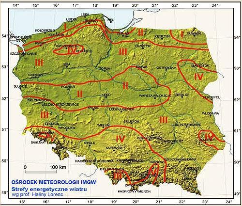 Rysunek 4.Strefy energetyczne warunków wiatrowych. źródło: imgw.pl Zgodnie z podziałem wprowadzonym przez Ośrodek Meteorologii IMGW, Powiat Szczecinecki leży w strefie III oraz IV.