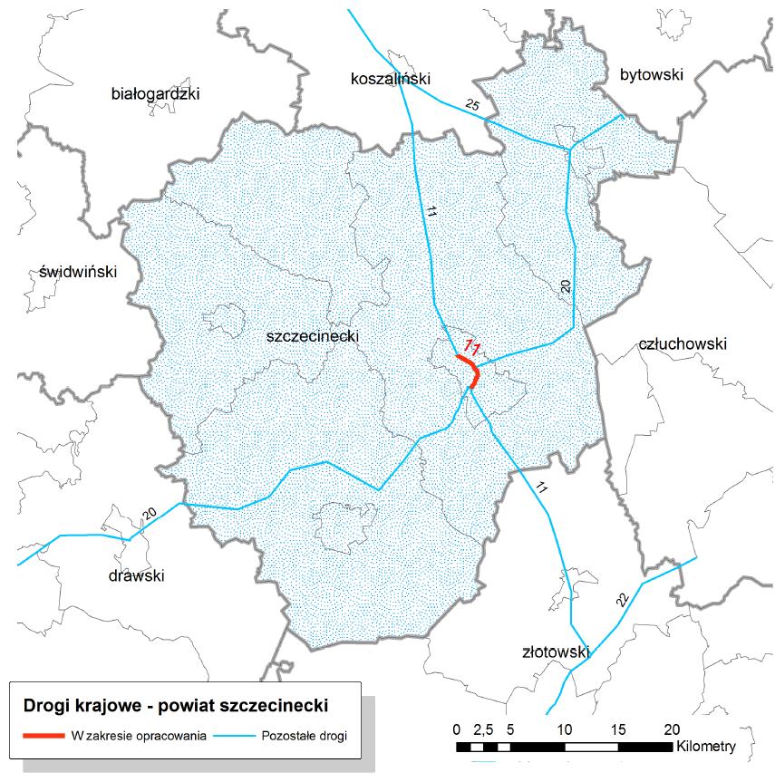 Rysunek 8. Drogi objęte pomiarami hałasu komunikacyjnego na terenie Powiatu Szczecineckiego.