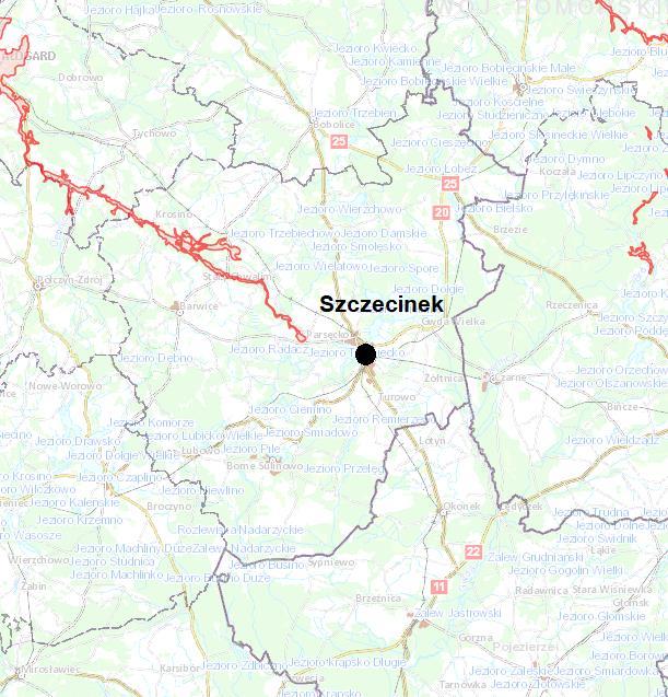 Rysunek 14. Mapa obszarów narażonych na podtopienia w powiecie Szczecineckim.