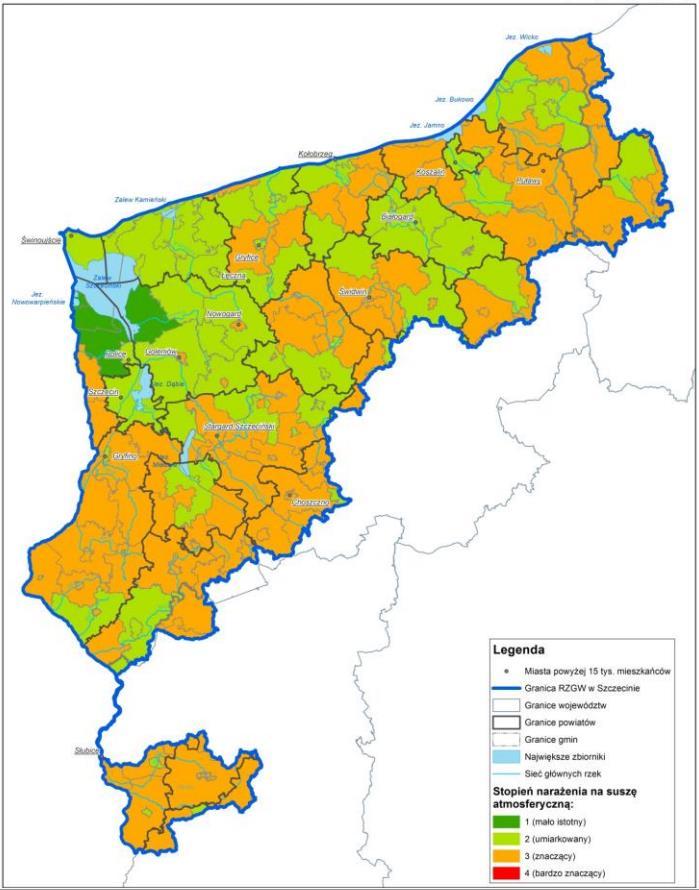 Rysunek 16. Obszary zagrożone suszą atmosferyczną w regionach wodnych DOiPZ i Uecker. źródło: Projekt planu przeciwdziałania skutkom suszy w regionach wodnych DOiPZ i Uecker.