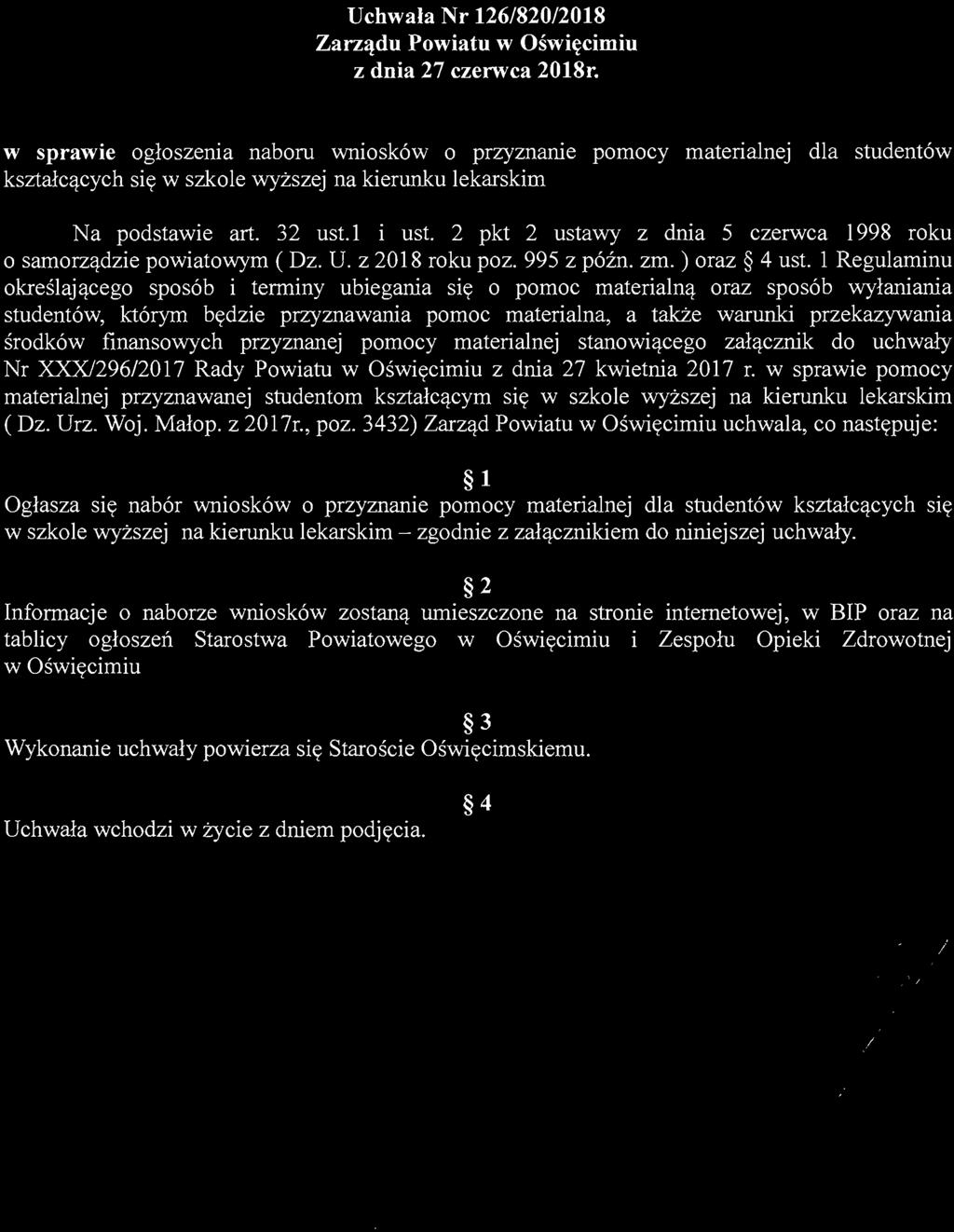Uchwała Nr 126/820/2018 Zarządu Powiatu w Oświęcimiu z dnia 27 czerwca 2018r.