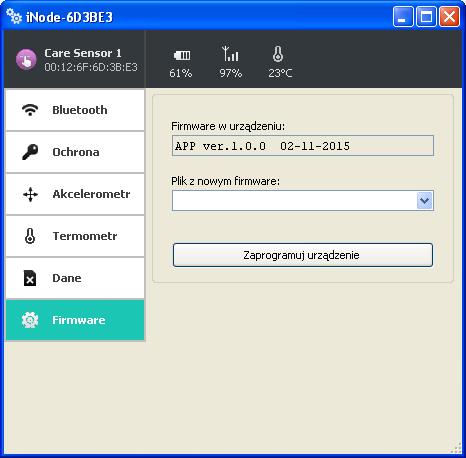 Po wybraniu zakładki Firmware pojawi się następujące okienko: W polu Firmware w urządzeniu wyświetlana jest wersja firmware znajdująca się w urządzeniu i data jego utworzenia.
