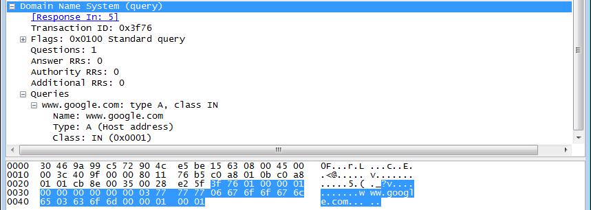 j. W linii Internet Protocol Version 4 Wireshark przechwycony pakiet IP wskazujące na to, że adres źródłowy IP zapytania DNS to 192.168.1.11 a adres docelowy IP to 192.168.1.1. W tym przykładzie adres docelowy jest bramą domyślną.