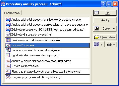 Rys. 4. Okno modułu Analiza procesu, w którym można wybrać procedurę Liniowość miernika.