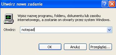 W polu Otwórz wpisz polecenie notepad, a następnie kliknij przycisk OK.