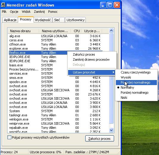 Kliknij prawym przyciskiem myszy firefox.exe> Ustaw Priorytet.