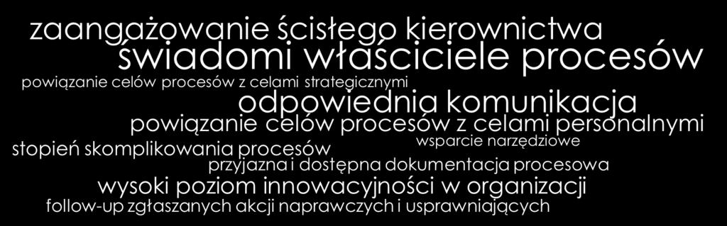 czynniki sukcesu przy wdrożeniu oraz utrzymaniu zarządzania procesami Poniżej zostały przedstawione wymieniane przez respondentów czynniki, które w dużej mierze