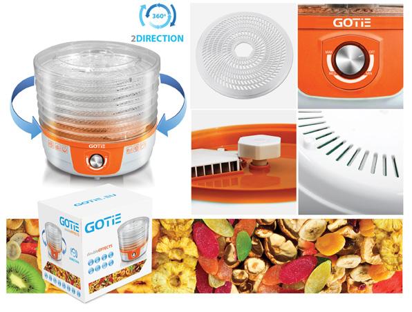 24 GSG-500 OBROTOWA SUSZARKA DO ŻYWNOŚCI BPA free - elementy pozbawione szkodliwego bisfenolu A moc: 250W 7 przeźroczystych sit rozmiar sita: 32 x 3 cm nawet dwukrotnie krótszy czas suszenia dzięki