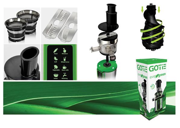 GSJ-620 7 WYCISKARKA WOLNOOBROTOWA Evergreen design BPA free elementy pozbawione bisfenolu A silnik DC o mocy 200W zakres prędkości obrotowych 45-55 RPM max. czas pracy: 20min.