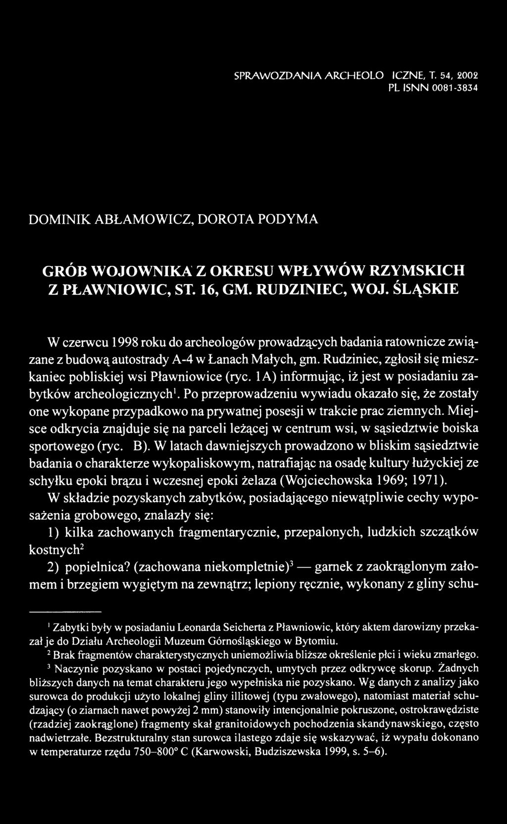 SPRAWOZDANIA ARCHEOLOGICZNE, T. 54, 2002 PL ISNN 0081-3834 DOMINIK ABŁAMOWICZ, DOROTA PODYMA GRÓB WOJOWNIKA Z OKRESU WPŁYWÓW RZYMSKICH Z PŁAWNIOWIC, ST. 16, GM. RUDZINIEC, WOJ.