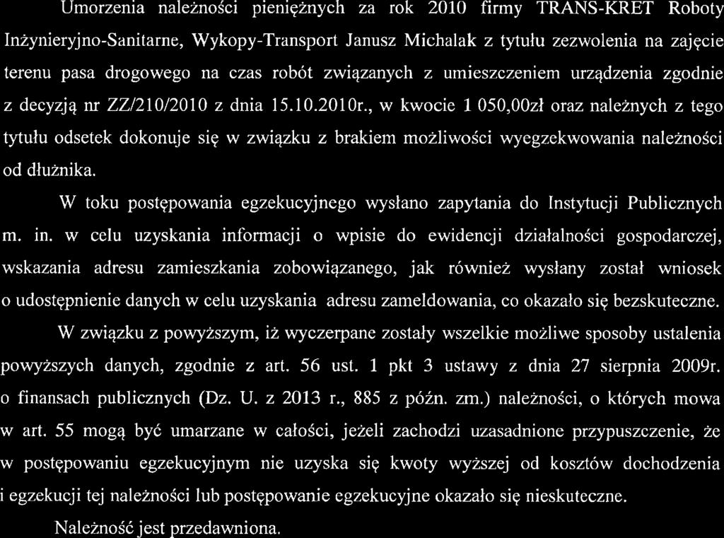 / Uzasadnienie Umorzenia należności pieniężnych za rok 2010 firmy TRANS-KRET Roboty Inżynieryjno-Sanitarne,