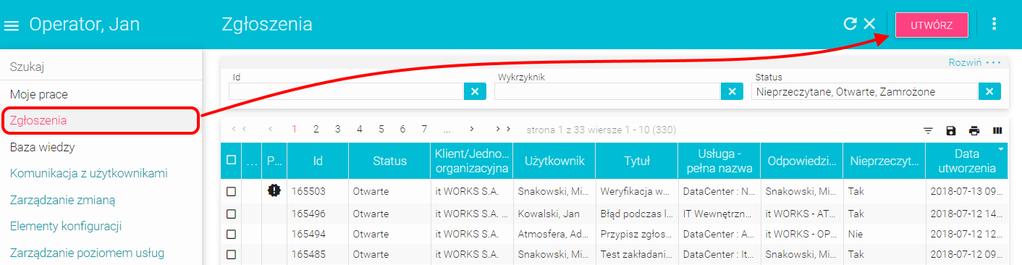 Zgłoszenia Rejestracja zgłoszenia Aby zarejestrować zgłoszenie (np.