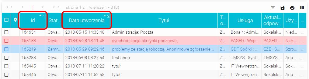 możliwe posortowanie. Obok nazwy kolumny, pojawi się cyfra mówiąca, którą z kolei jest dana kolumna, po której sortujemy.