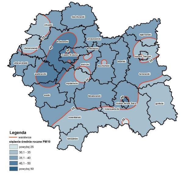 Źródło: Ocena jakości powietrza w województwie małopolskim w 2016 roku,