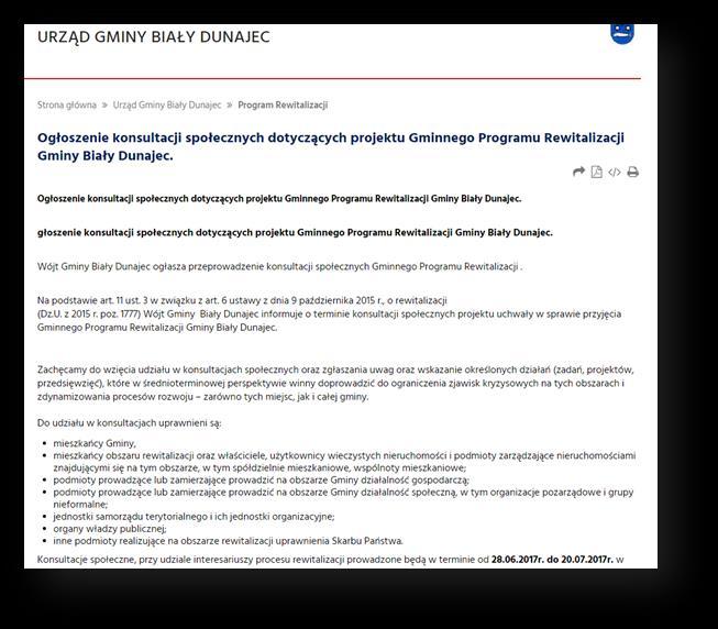 Rysunek 9 Fragment BIP Gminy Biały Dunajec z informacją o konsultacjach społecznych -Gminny Program Rewitalizacji - projekt Źródło: Biuletyn Informacji Publicznej Urzędu Gminy Biały Dunajec Materiały