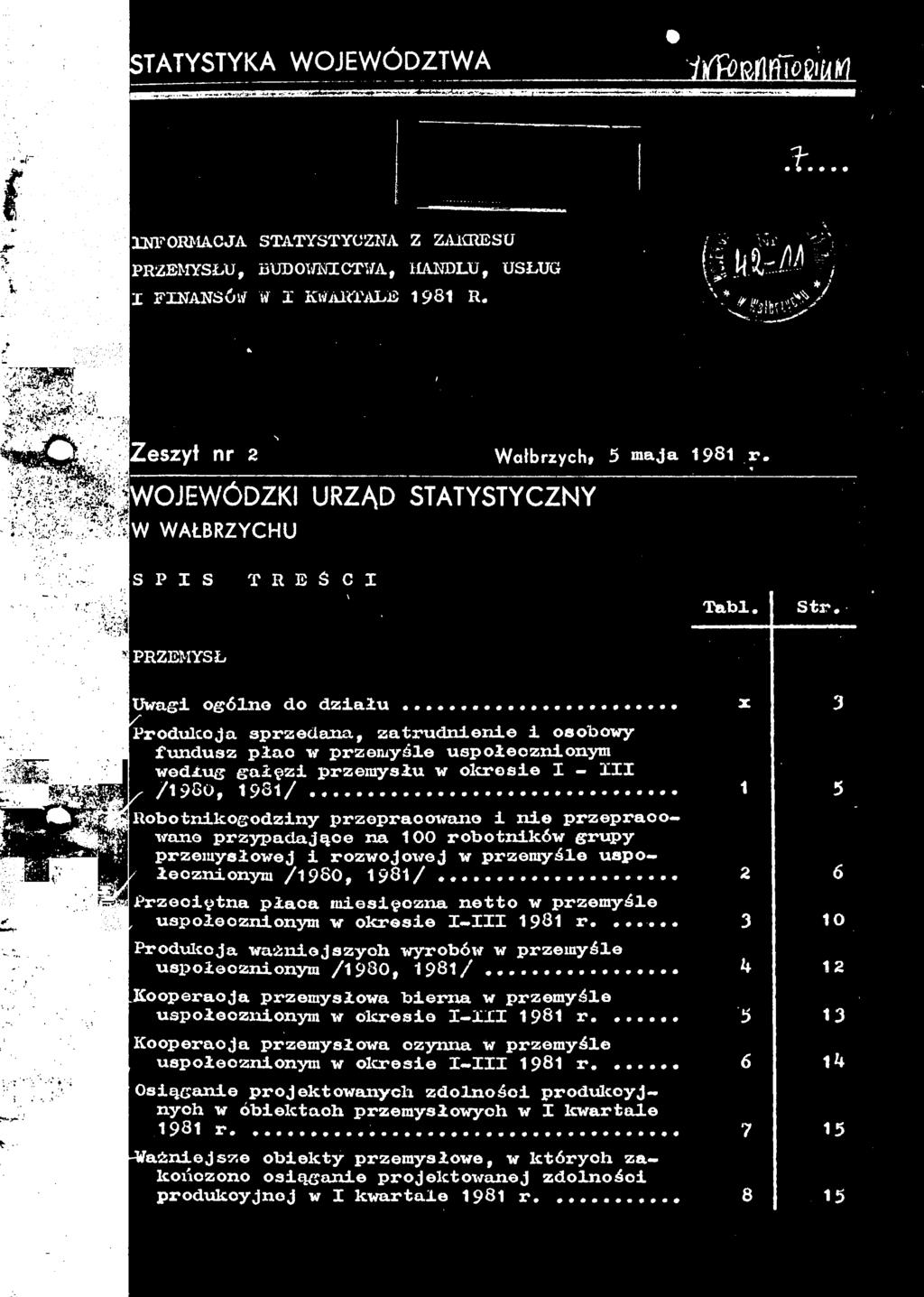 TATYSTYKA WOJEWÓDZTWA informcj sttystyczn z zkresu PRZEMYSŁU, BUDOWNCTWA, HANDLU, USŁUG FNANSÓW V KWARTALE 98 R. v-...»y Zeszył nr 2 Włrzych, 5 mj 98 r.