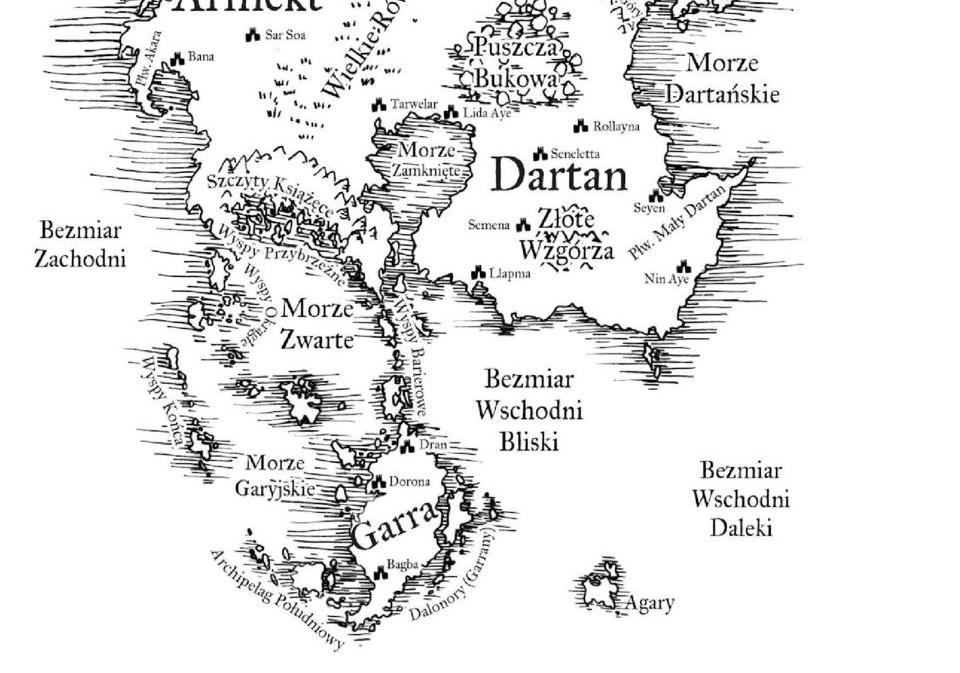. Rysunek 1. Przykładowa mapa fantastycznego świata mapa Szereru z cyklu powieściowego Księga Całości Feliksa W. Kresa (rys. Maria Łepkowska) (Źródło: T.A.