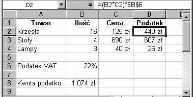 Rozdział 9 Odwołania bezwzględne Przy kopiowaniu formuł Excel dostosowuje odwołania do komórek, czasami jednak chcemy, aby odwołanie do komórki skopiowało się dosłownie.