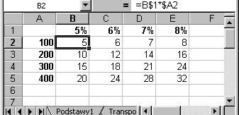 Wpisz do komórki D2 formułę (B2*C2)*B6 wypełnij ta formułą komórki D3 i D4. Formuła zmienia adres B6 odpowiednio na B7 i B8. Aby tego uniknąć należy w komórce D2 zastosować formatowanie bezwzględne.