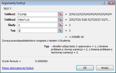 W MS EXCEL wykonujemy następujące obliczenia: Test F =TEST.F(E2:E88;E89:E115) 0.745031382 0.