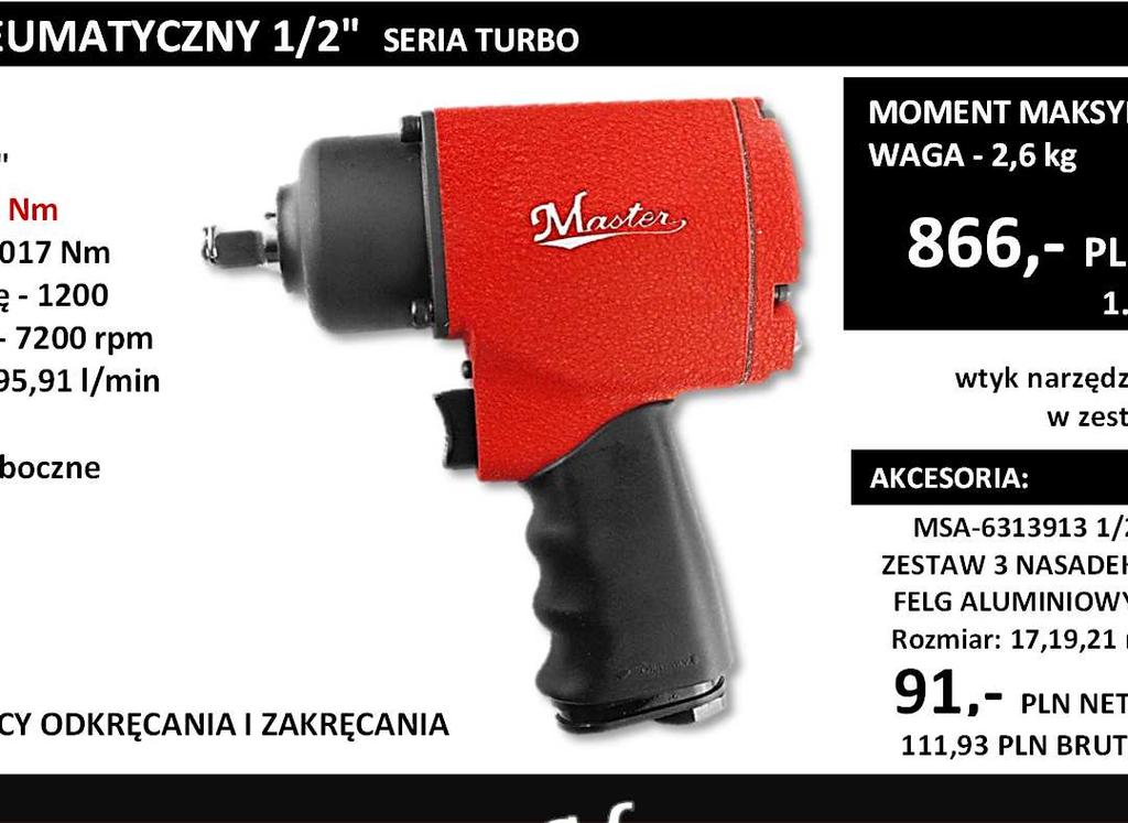 MOCY ODKRĘCANIA I ZAKRĘCANIA 68570E KLUCZ PNEUMATYCZNY 1/2" SERIA TURBO Rozmiar czopu -1/2" Moment max -1627 Nm Moment roboczy - 1356 Nm Uderzenia na minutę - 1500 Prędkość obrotowa - 9000 rpm