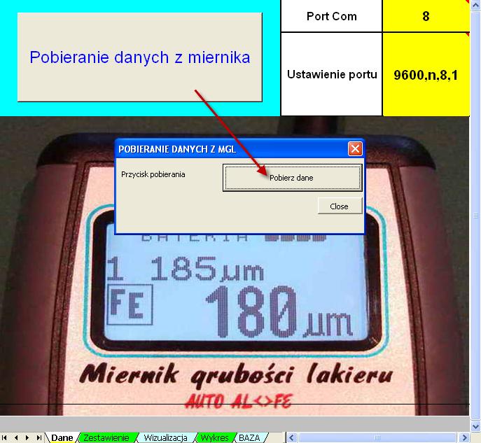 Zakładka DANE W zakładce DANE pobieramy z miernika wszystkie zapamiętane pomiary do komputera. Podłączamy miernik do komputera, odczekujemy ok. 10 sek. na uruchomienie miernika.