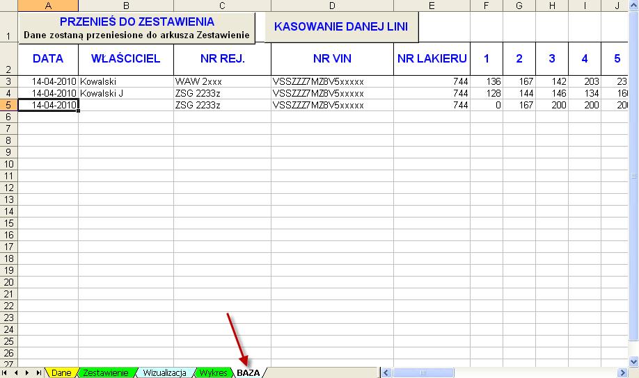 Dane można przenieść z powrotem do ZESTAWIENIA ustawiając kursor w BAZIE na linii z której dane chcemy pobrać.