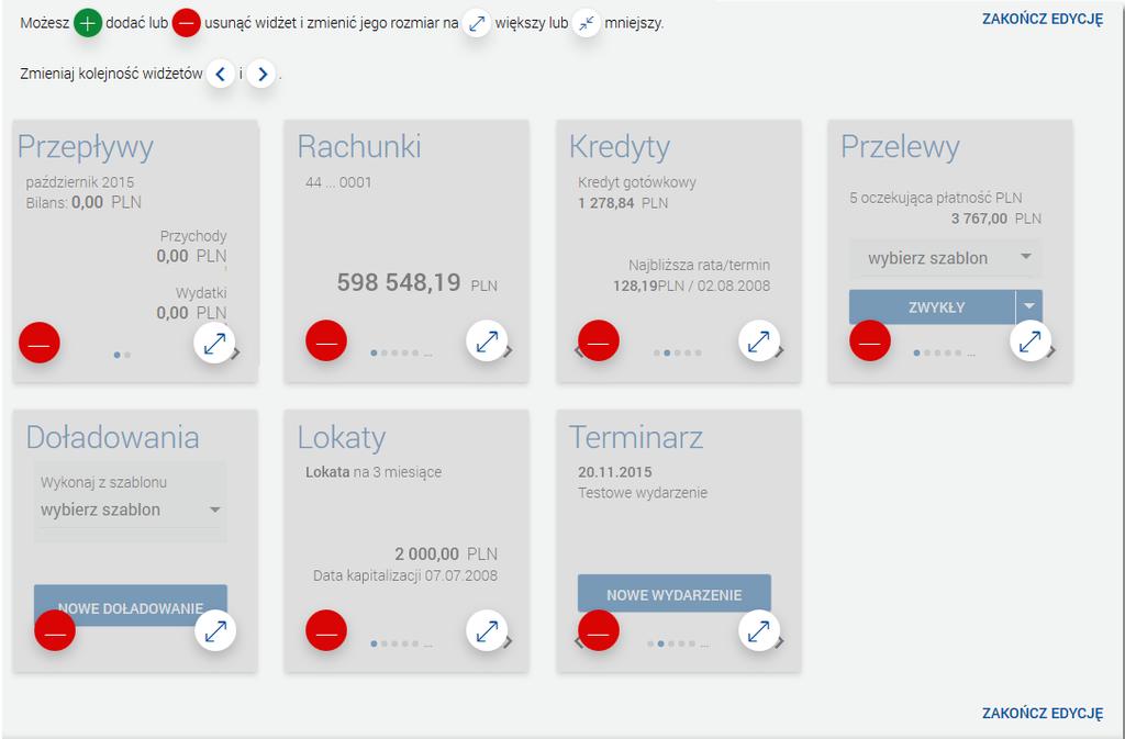 Edycja pulpitu odbywa się za pomocą przycisków znajdujących się na poszczególnych elementach.