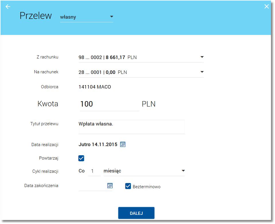 Data dostarczenia - przewidywana data dostarczenia przelewu, Opłaty - informacje o przewidywanych kosztach przelewu.