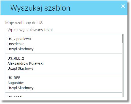 Typ przelewu - lista wyboru typu przelewu, należy wskazać wartość do US, z rachunku - pole z listą rachunków do obciążenia, lista rachunków ograniczona jest tylko do rachunków prowadzonych w walucie