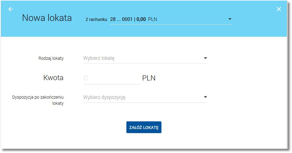 4.3.3.3 Zakładanie lokaty Wybranie przycisku [NOWA LOKATA] dostępnej na kaflu miniaplikacji Lokaty umieszczonym na pulpicie bądź z poziomu listy lokat umożliwia złożenie wniosku o nową lokatę.