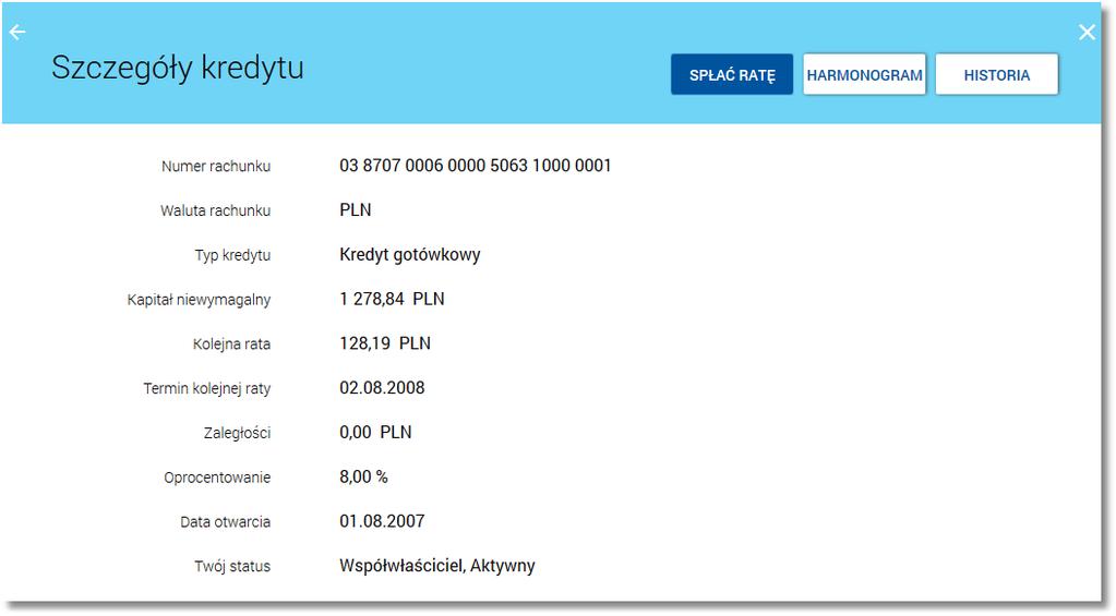 Z poziomu okna Szczegóły kredytu oprócz przeglądania danych szczegółowych kredytu użytkownik może również: wyświetlić harmonogram spłat kredytu - przycisk [HARMONOGRAM],