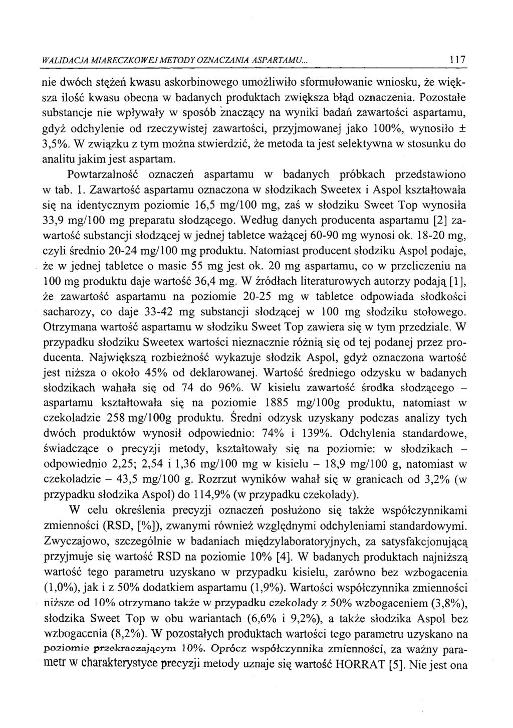 WALIDACJA MIARECZKOWEJ METODY OZNACZANIA ASPARTAMU.