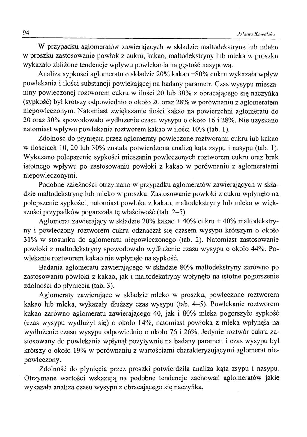 94 Jolanta Kowalska W przypadku aglomeratów zawierających w składzie maltodekstrynę lub mleko w proszku zastosowanie powłok z cukru, kakao, maltodekstryny lub mleka w proszku wykazało zbliżone