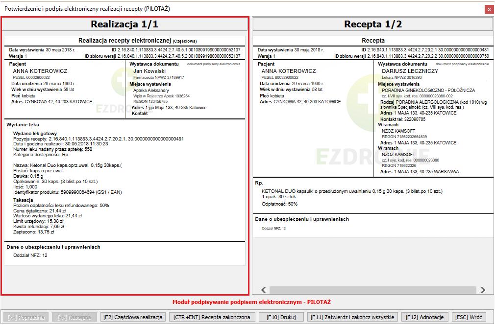 Obsługa e-recepty w systemie Rysunek 37 Dokumenty realizacji recept Po lewej stronie widzisz Dokument Realizacji Recepty.
