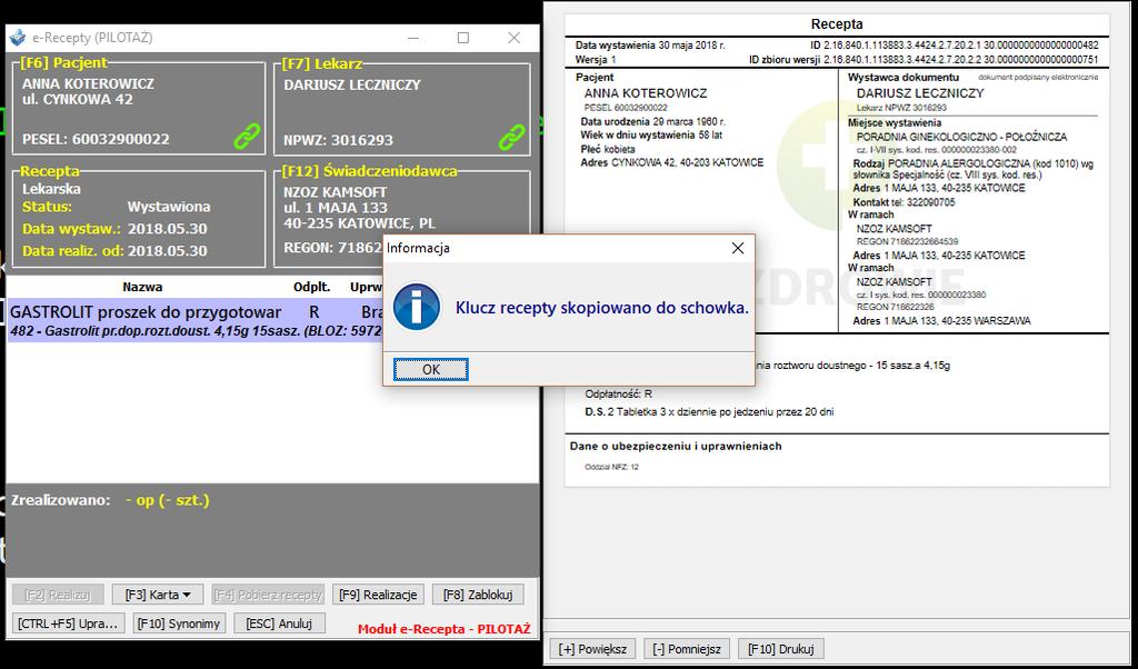 Obsługa e-recepty w systemie ona jeszcze realizowana w innym terminie. Aby zamknąć receptę użyj przycisku [CTRL+ENT], jeśli nie chcesz zamykać recepty użyj przycisku [F2] Częściowa realizacja.