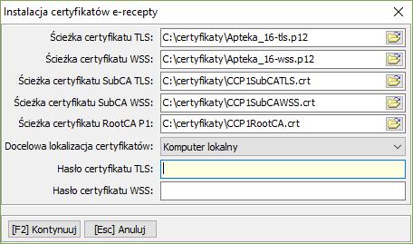 Rysunek 4 Instalacja certyfikatów Hasło certyfikatu to hasło, które wpisałeś w momencie tworzenia plików CRS. Wpisz je i użyj przycisku [F2] Kontynuuj.