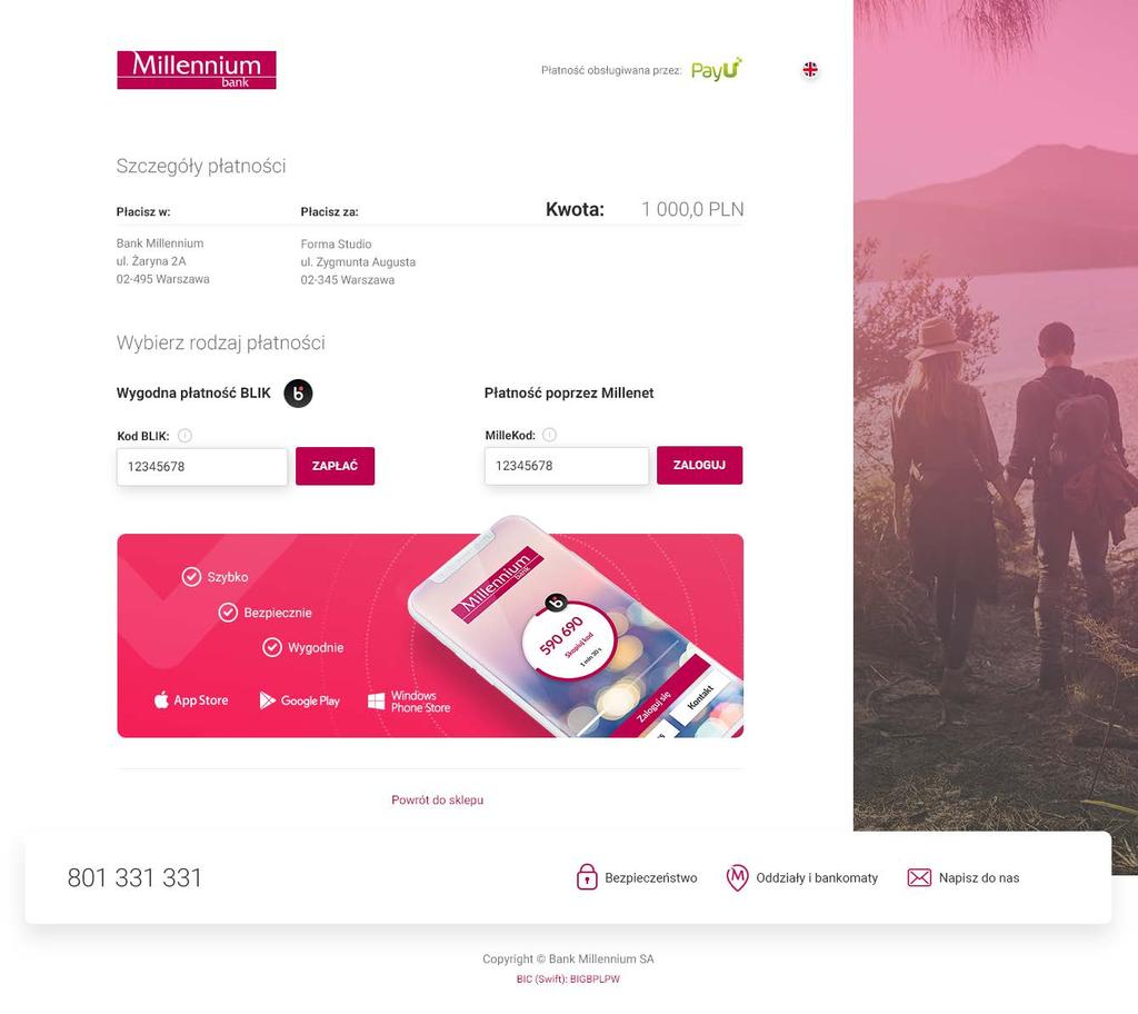 3. Płatności BLIKIEM dla Klientów korzystających z usługi Millennium płatności internetowe Jeśli podczas zakupów w Internecie jako formę płatności wybierzesz Millennium płatności internetowe