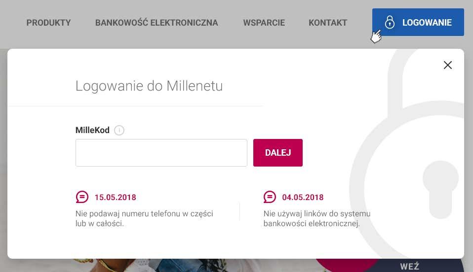 Po kliknięciu w przycisk pojawi się nowe okno do wprowadzenia MilleKodu.