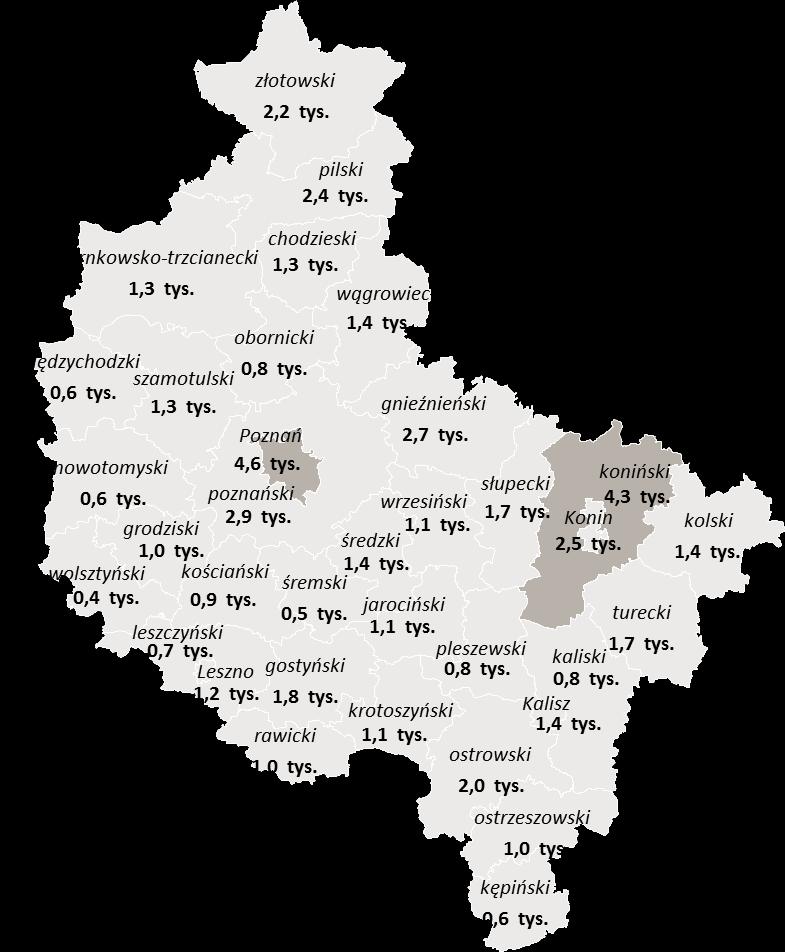 LICZBA OSÓB BEZROBOTNYCH W POWIATACH (W TYS.) Powiat z największą liczbą osób bezrobotnych 4,6 tys. m. Poznań powyżej 15,0 tys. 12,0 tys. - 15,0 tys.