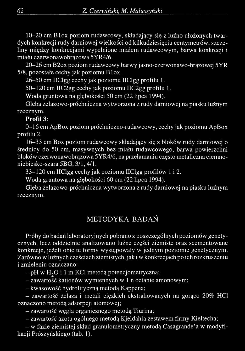 miałem rudawcowym, barwa konkrecji i miału czerwonawobrązowa 5YR4/6. 20-26 cm B2ox poziom rudawcowy barwy jasno-czerwonawo-brązowej 5YR 5/8, pozostałe cechy jak poziomu B lox.