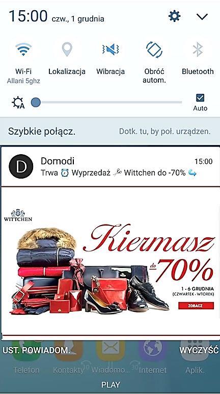 Komunikat wyświetla się: na ekranie głównym smartfona bez konieczności uruchamiania aplikacji (push) w