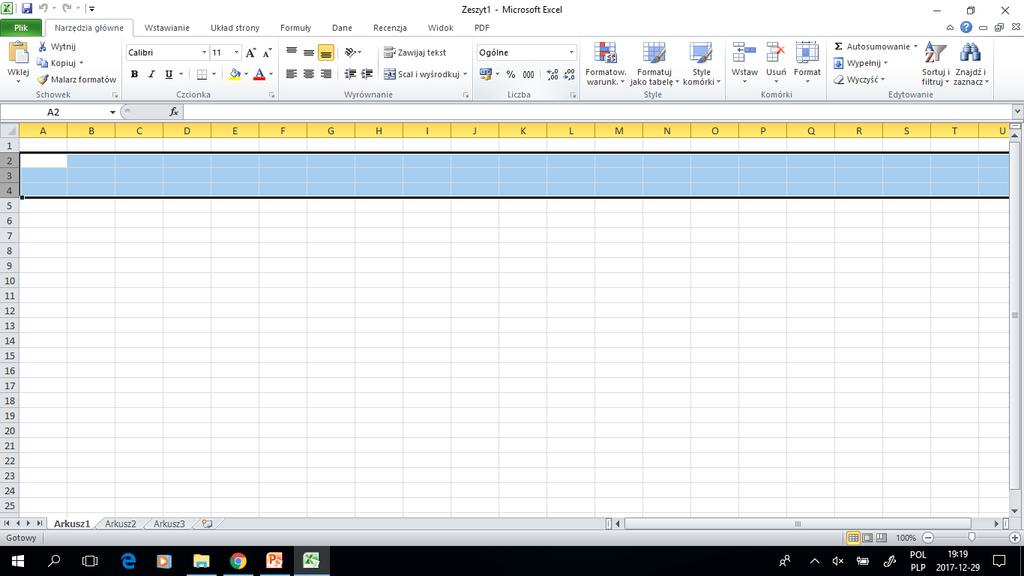 Arkusz kalkulacyjny MS Excel 2010 PL: zaznaczanie komórek. Można zaznaczyć większą ilość komórek np. w całym wierszu/wierszach.