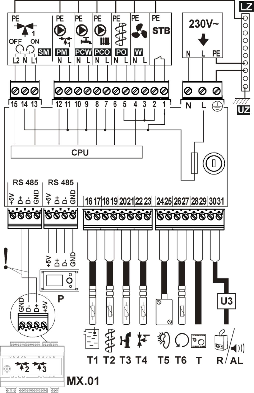 13 Schemat elektryczny. Rys nr 15. Opis połączeń sterownika kotła EKO - Perfekt: T1-czujnik temperatury kotła; 2-czujnik temperatury podajnika paliwa; T3-czujnik temperatury C.W.