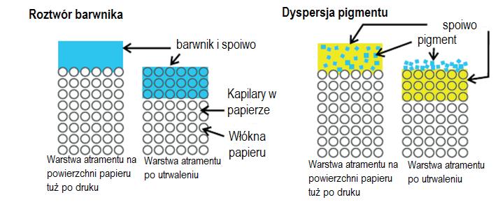 Drukowanie natryskowe (ink-jet) Rys. 6.8. Współdziałanie atramentów barwnikowych i pigmentowych z papierem Źródło: Le H.P.