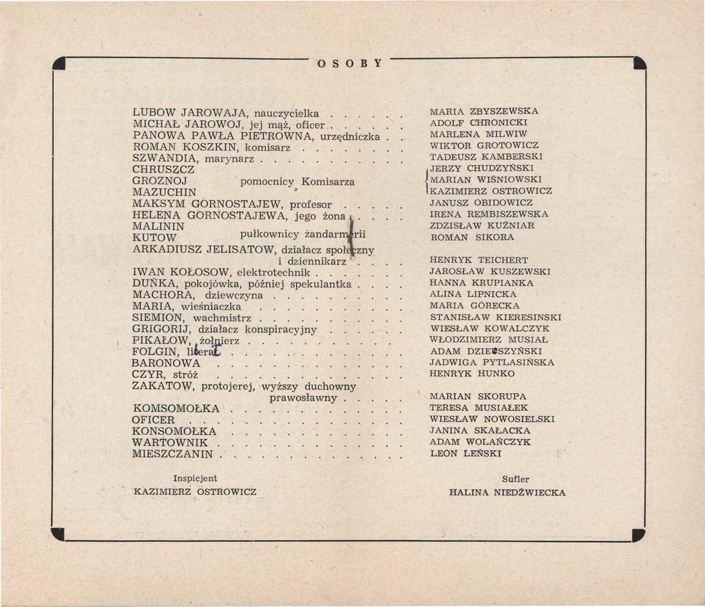 OS OBY LUBOW JAROWAJA, nauczycielka. MICHAŁ JAROWOJ, jej mąż, oficer.... PANOWA PAWŁA PIETROWNA, urzędniczka ROMAN KOSZKIN, komisarz SZW ANDIA, marynarz.