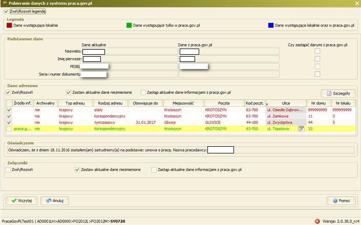 aktualne dane informacjami z praca.gov.pl. Zaznaczenie stosownego elementu (checkboxa) spowoduje zastąpienie istniejących danych danymi pochodzącymi z modułu praca.