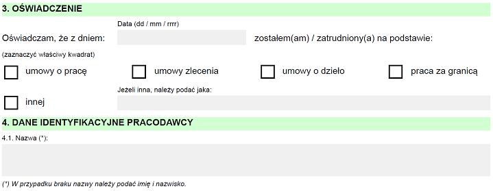 zawartość sekcji 3. Oświadczenie oraz 4. Dane identyfikacyjne pracodawcy, w polu Uwagi, nie jest nic wyświetlane pole zachowane dla zgodności z obsługą innych dokumentów.