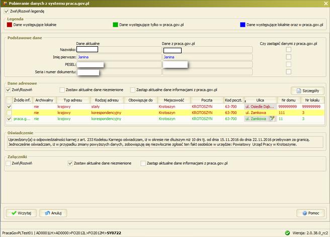 Dane aktualne oraz bloku Dane z praca.gov.pl. Ponadto utworzono dodatkowy blok z elementami jednokrotnego wyboru (checkbox) o nazwie Czy zastąpić danymi z praca.gov.pl. Zaznaczenie stosownego elementu (checkboxa) powoduje zastąpienie istniejących danych danymi pochodzącymi z modułu praca gov.